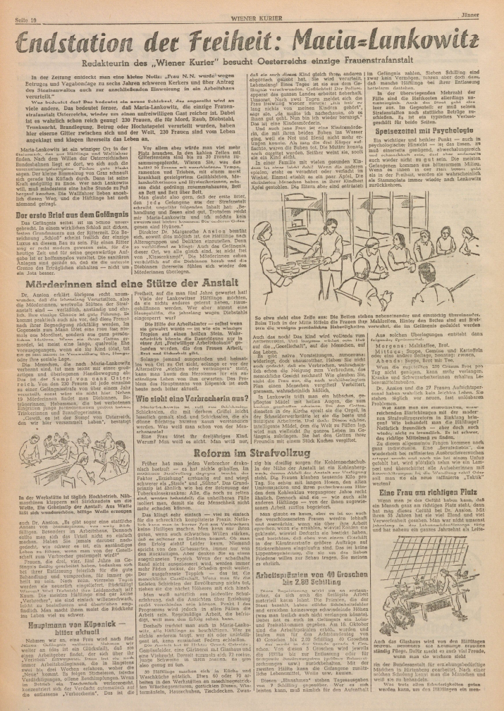 Zeitungsartikel, Inge Santner, Endstation der Freiheit: Maria Lankowitz &copy; Inge Santner, Endstation der Freiheit: Maria Lankowitz, in: Wiener Kurier, 10.1.1951, Nr. 7, 7. Jg., hier S.10