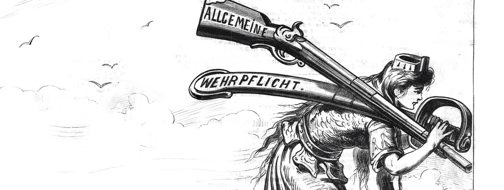 Zeichnung einer Frau, die die Allgemeine Wehrpflicht in Waffengestalt auf ihrem Rücken trägt. © Kikeriki! Humoristisches Volksblatt, 19.11.1868