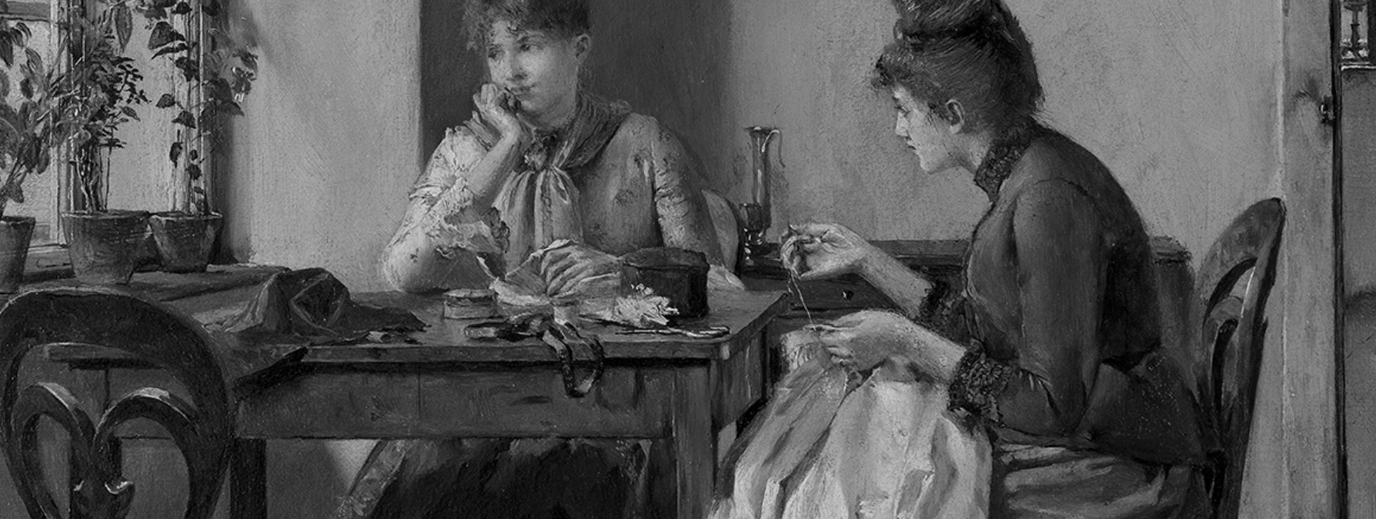 Eine Zeichnung, zwei Frauen mit N&auml;hzeug in der Hand sitzen an einem Tisch, die eine schaut vertr&auml;umt aus dem Fenster heraus, die andere blickt auf ihre Kollegin.  &copy; Wien Museum Inv.-Nr. 10304, CC BY 4.0, Wien Museum 