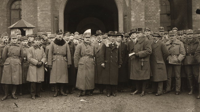 Eine Gruppe M&auml;nner, davon die meisten in MIlit&auml;runiform, schauen Richtung Kamera. In der Mitte steht ein Mann in einem dunklen Mantel, einem Schnurrbart und einem Hut auf. &copy; Richard Hauffe (Fotograf), Wien Museum Inv.-Nr. 49340/89