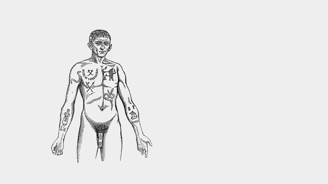 Zeichnung aus einem Buch, nackter Mann mit Tattoos &copy; Cesare Lombroso, L&rsquo;Uomo delinquente in rapporto all'antropologia, alla giurisprudenza e alla psichiatria, Roma 1884