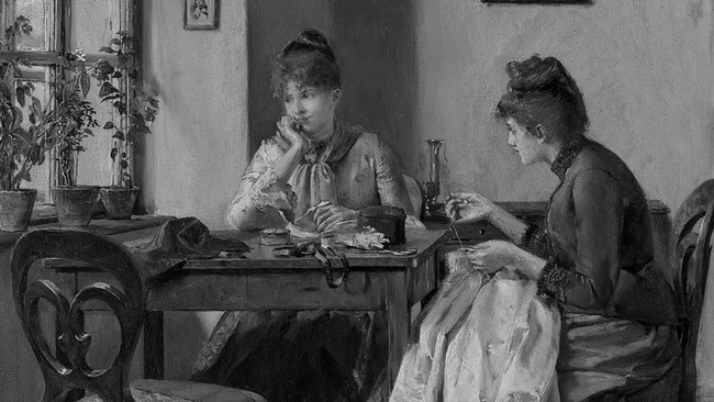 Eine Zeichnung, zwei Frauen mit N&auml;hzeug in der Hand sitzen an einem Tisch, die eine schaut vertr&auml;umt aus dem Fenster heraus, die andere blickt auf ihre Kollegin.  &copy;  Wien Museum Inv.-Nr. 10304, CC BY 4.0, Wien Museum.