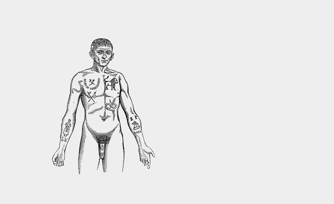 Zeichnung aus einem Buch, nackter Mann mit Tattoos &copy; Cesare Lombroso, L&rsquo;Uomo delinquente in rapporto all'antropologia, alla giurisprudenza e alla psichiatria, Roma 1884